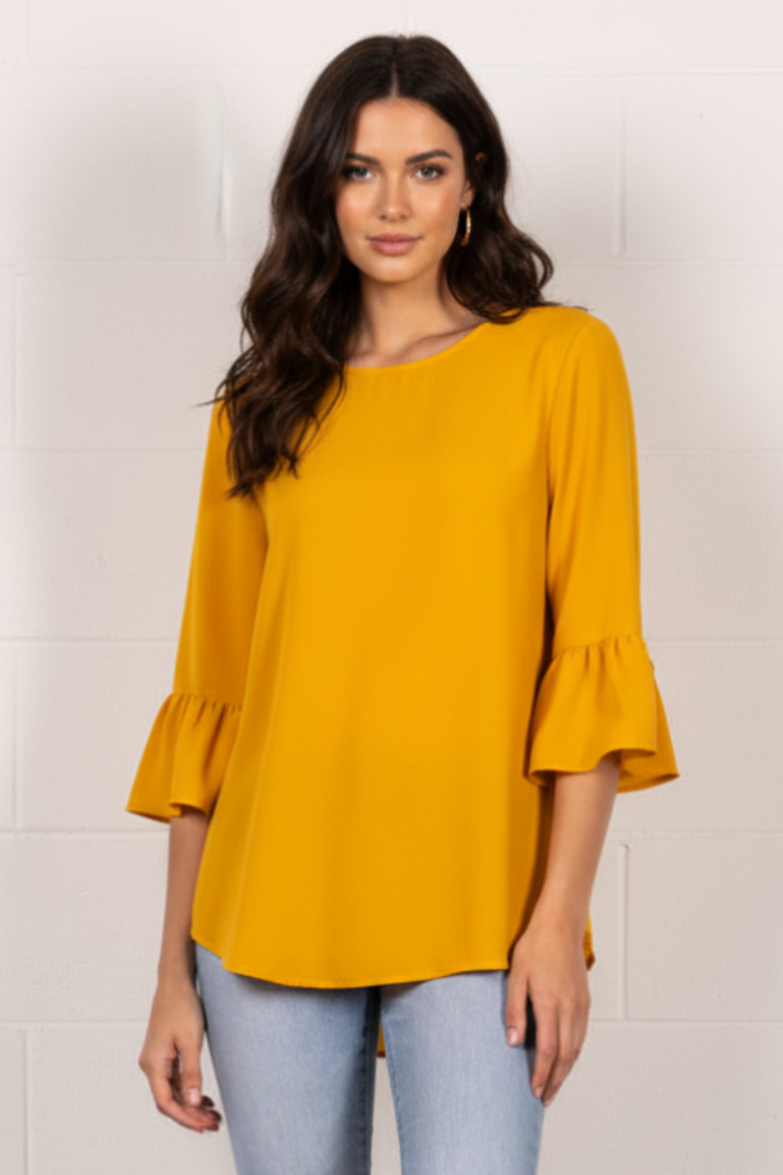 MUSTARD ROUND NECK RUFFLED BELL 3/4 SLEEVES TOP TY2305A -
