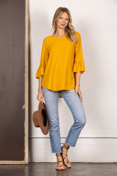 TY2305A-Wholesale MUSTARD ROUN NECK RUFFLED BELL 3/4 SLEEVES TOP
