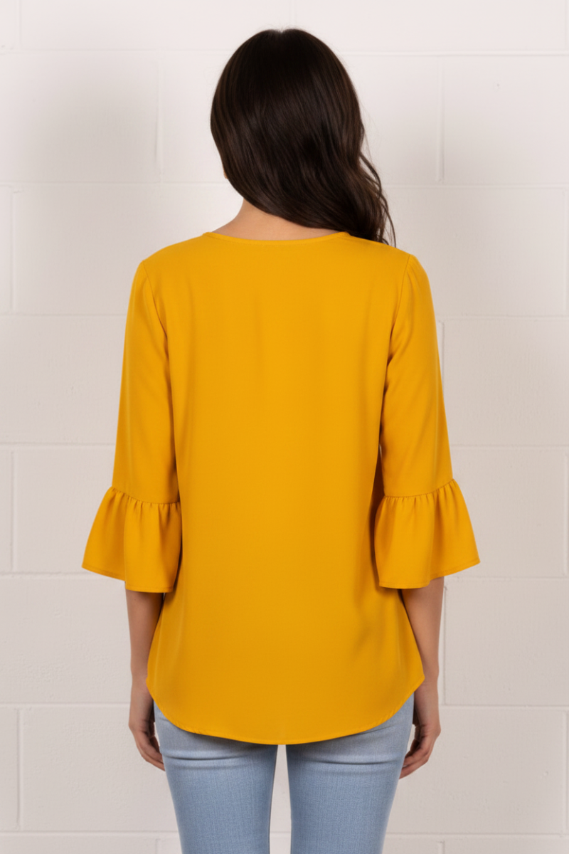 MUSTARD ROUND NECK RUFFLED BELL 3/4 SLEEVES TOP TY2305A -