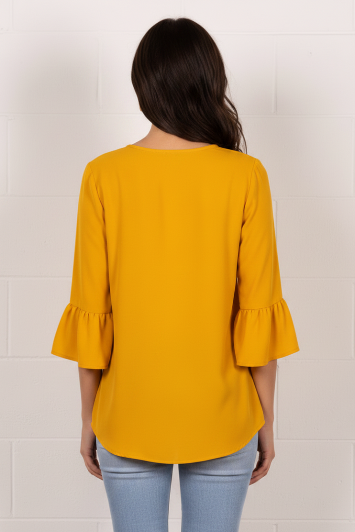 MUSTARD ROUND NECK RUFFLED BELL 3/4 SLEEVES TOP TY2305A -