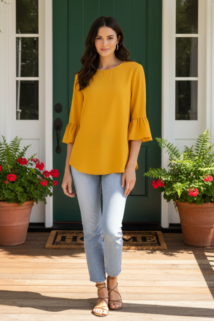 MUSTARD ROUND NECK RUFFLED BELL 3/4 SLEEVES TOP TY2305A -
