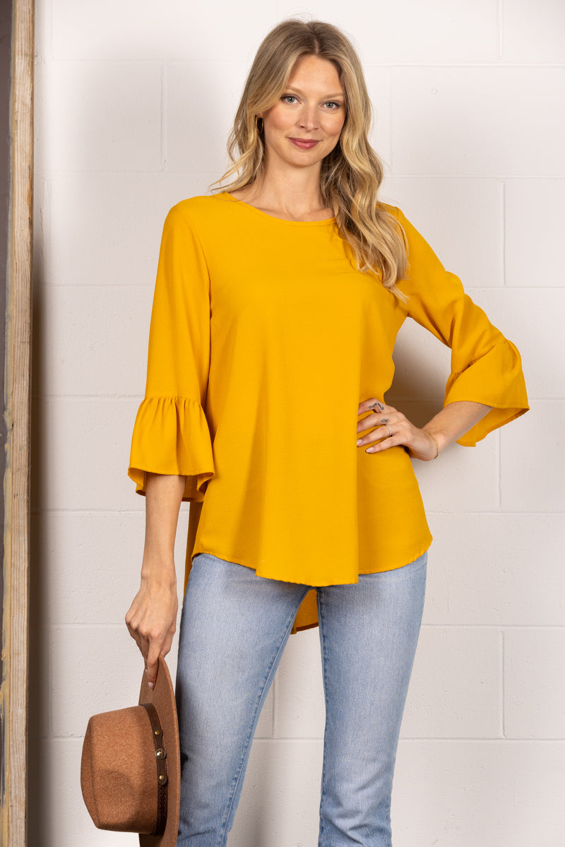 MUSTARD ROUN NECK RUFFLED BELL 3/4 SLEEVES TOP TY2305A