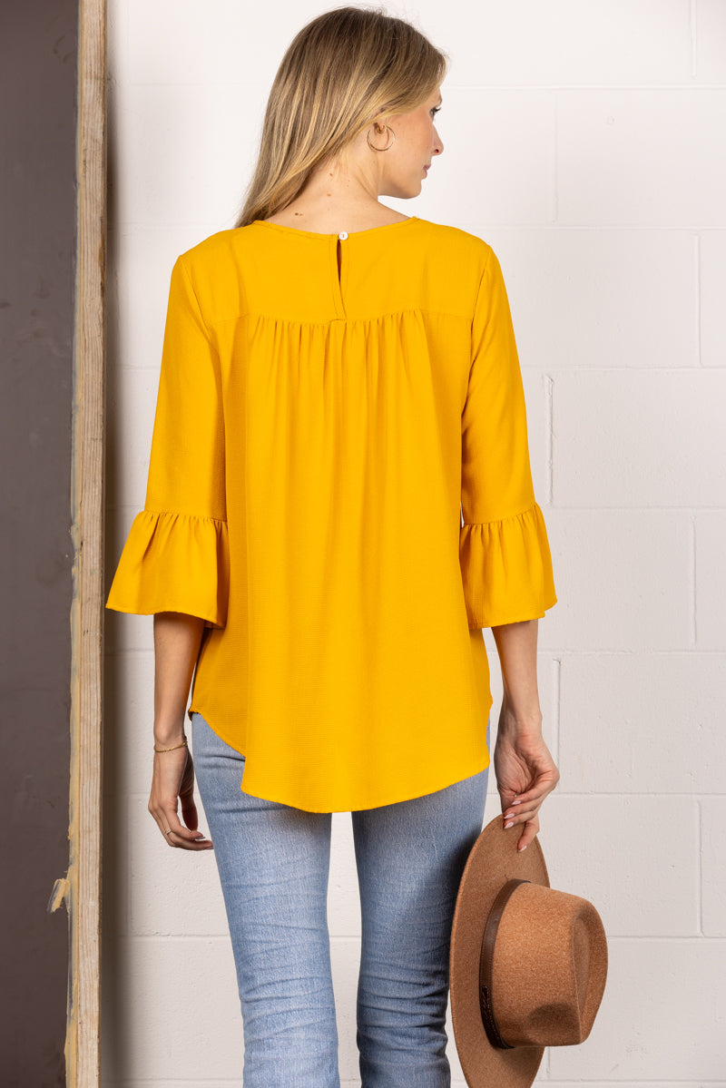 MUSTARD ROUN NECK RUFFLED BELL 3/4 SLEEVES TOP TY2305A