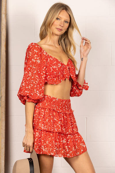 RED FLORAL CROP TOP AND LAYER RUFFLED SKIRT MINI DRESS SS9121
