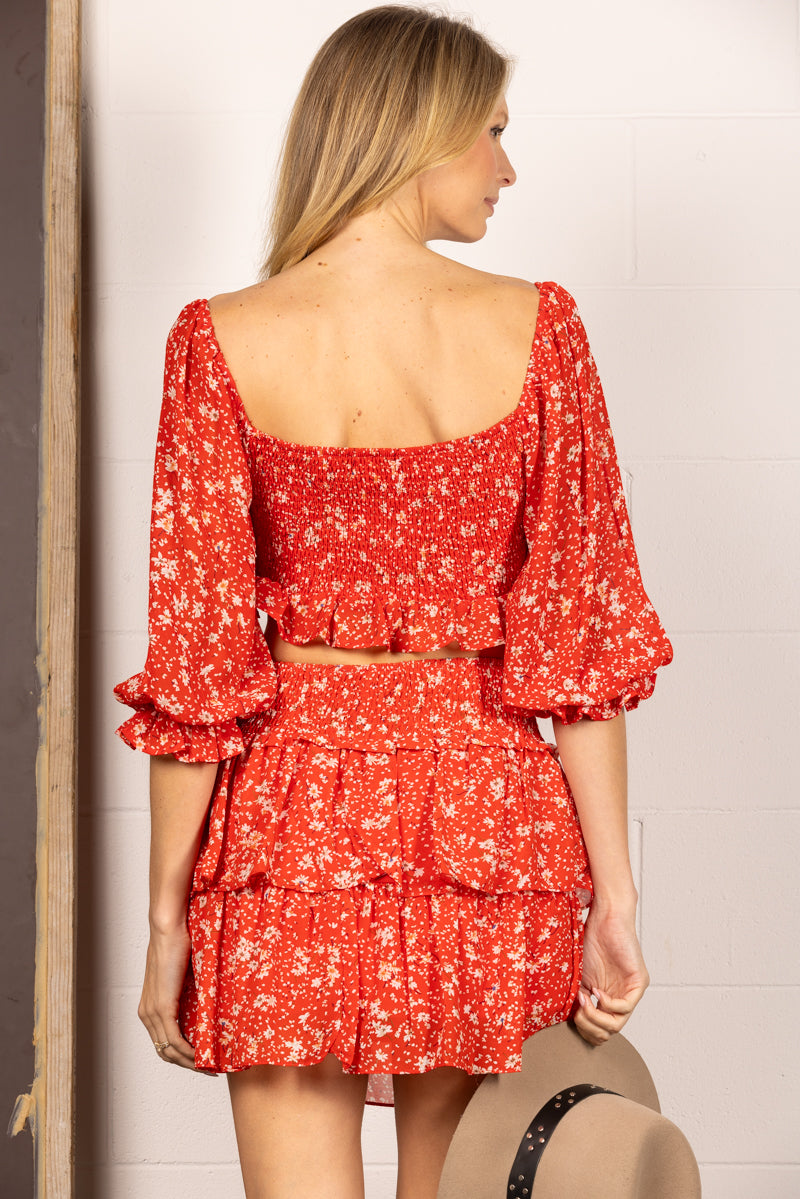 RED FLORAL CROP TOP AND LAYER RUFFLED SKIRT MINI DRESS SS9121