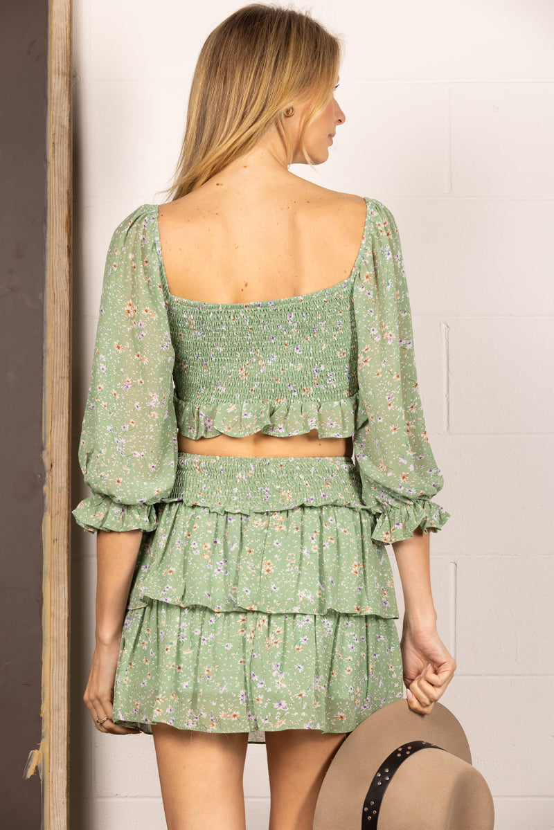 SAGE FLORAL CROP TOP AND LAYER RUFFLED SKIRT MINI DRESS SS9121