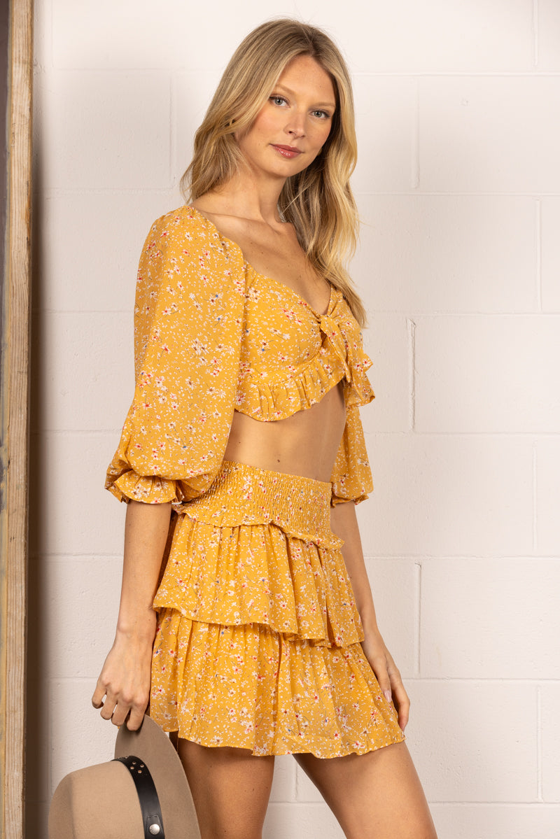 APRICOT FLORAL CROP TOP AND LAYER RUFFLED SKIRT MINI DRESS SS9121