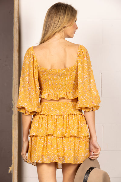 APRICOT FLORAL CROP TOP AND LAYER RUFFLED SKIRT MINI DRESS SS9121