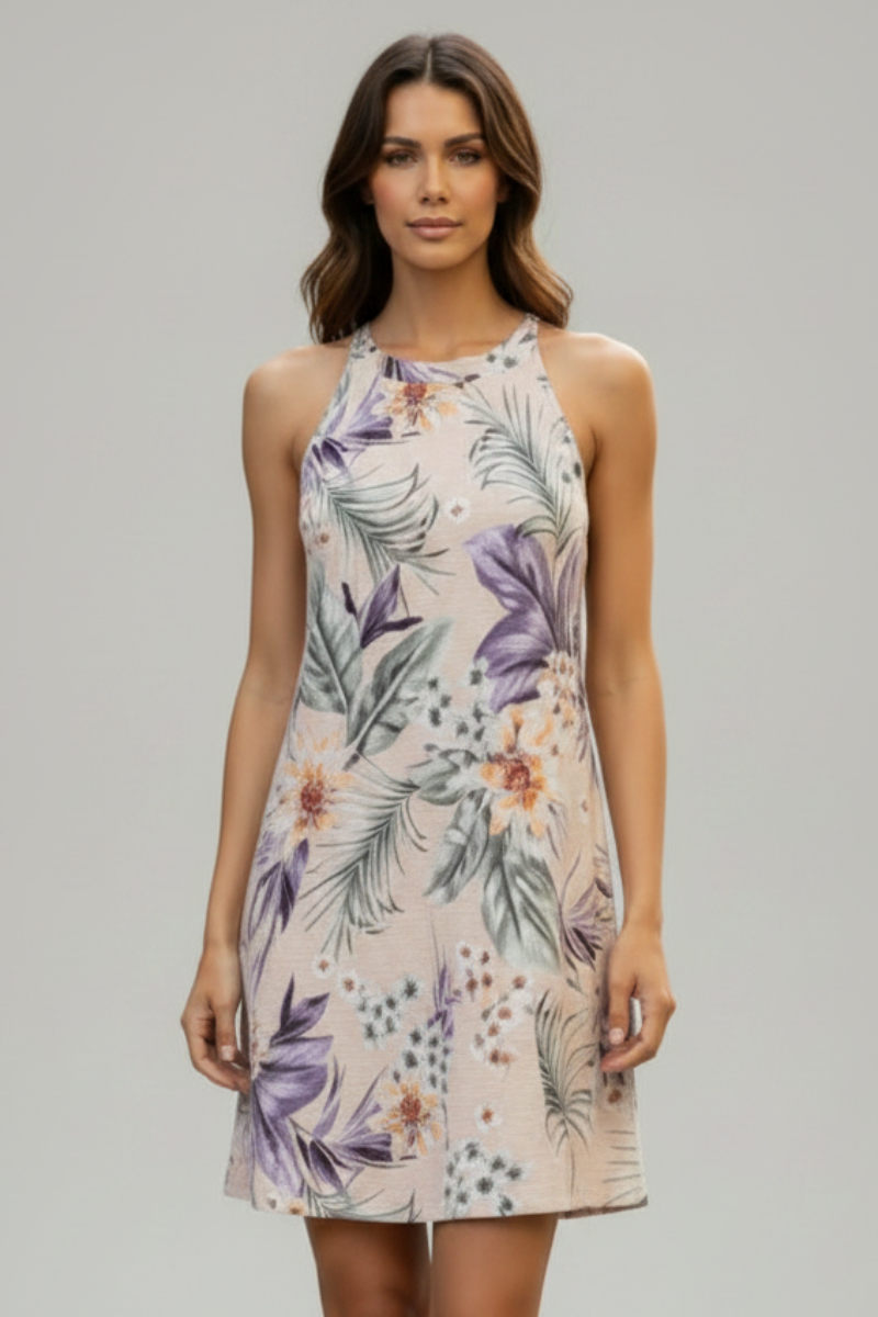 BEIGE HALTER FLORAL PRINT SLEEVELESS A-LINE MINI DRESS  D5107