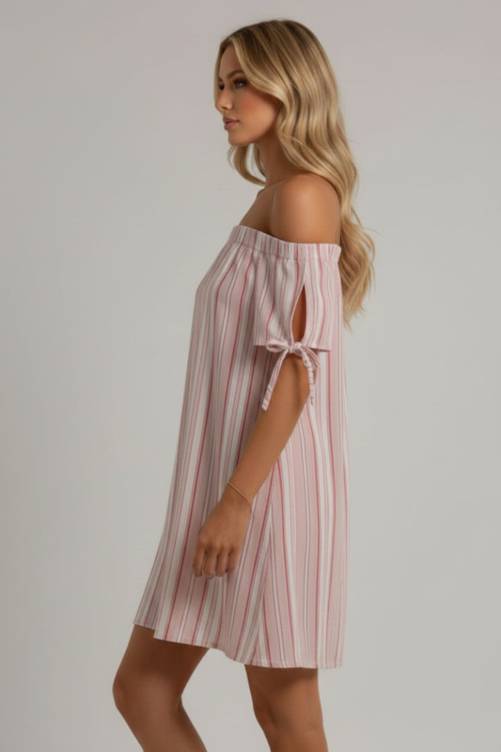RED STRIPES OFF SHOULDER SELF-TIE SLEEVES MINI DRESS K4954-
