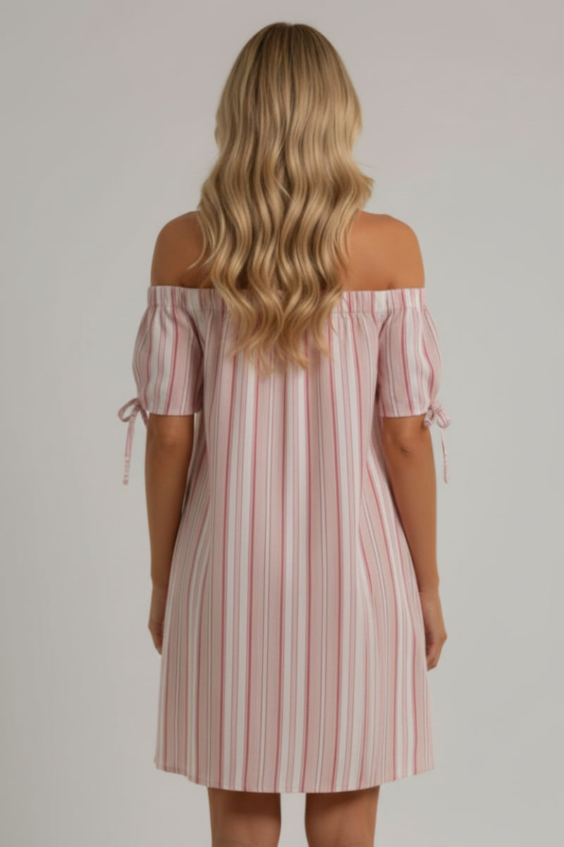 RED STRIPES OFF SHOULDER SELF-TIE SLEEVES MINI DRESS K4954-