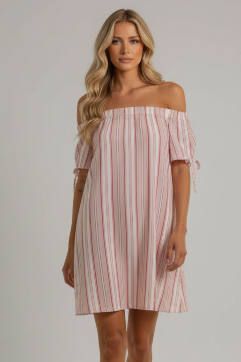 RED STRIPES OFF SHOULDER SELF-TIE SLEEVES MINI DRESS K4954-