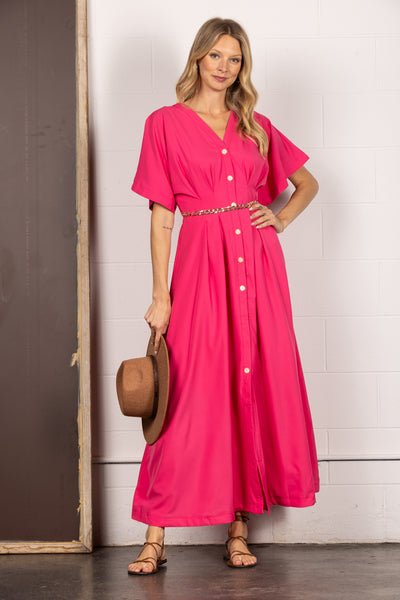 CD33593-Wholesale PINK SHORT SLEEVES BUTTON DOWN WASIT CHAIN MAXI DRESS