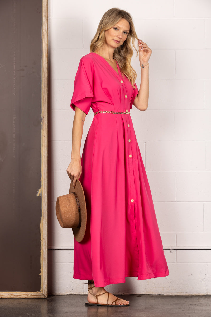 PINK SHORT SLEEVES BUTTON DOWN WASIT CHAIN MAXI DRESS CD33593