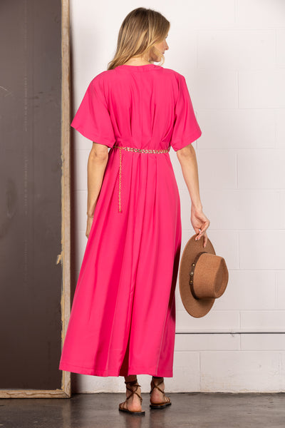 PINK SHORT SLEEVES BUTTON DOWN WASIT CHAIN MAXI DRESS CD33593
