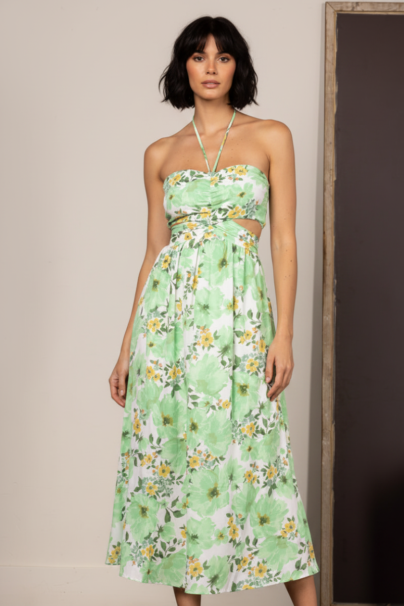 GREEN FLORAL HALTER NECK CUT-OUT SIDE MAXI DRESS SDH00735