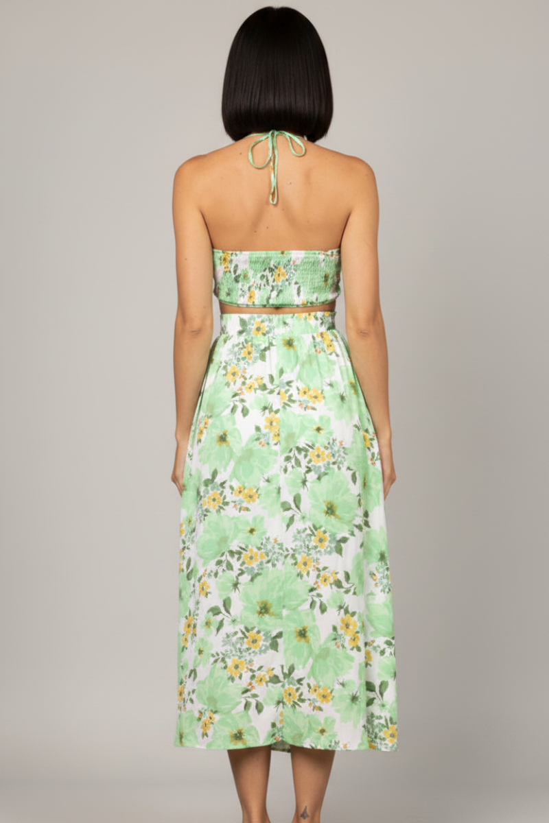 GREEN FLORAL HALTER NECK CUT-OUT SIDE MAXI DRESS SDH00735