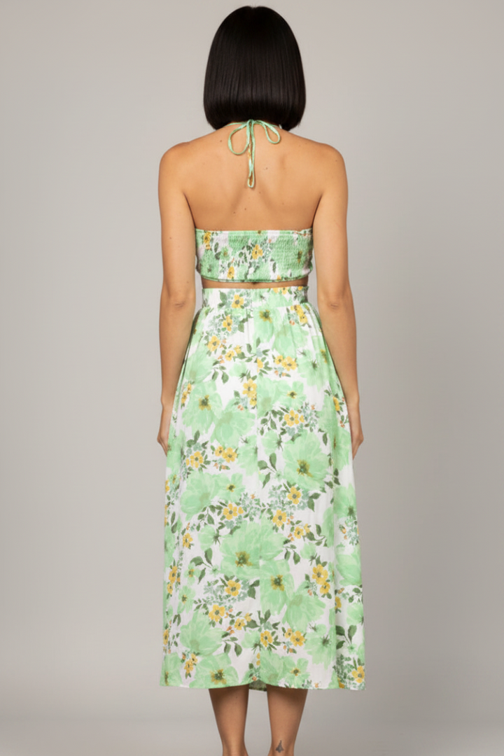 GREEN FLORAL HALTER NECK CUT-OUT SIDE MAXI DRESS SDH00735