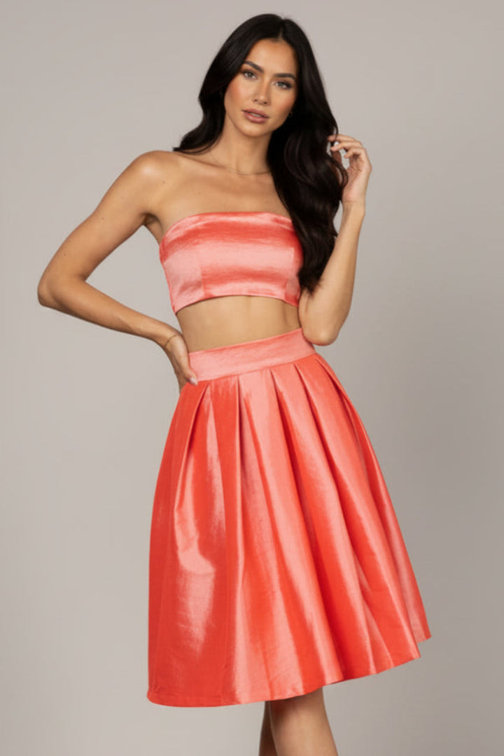 CORAL BANDEAU CROP TOP AND MIDI SKIRT SET IST5327-