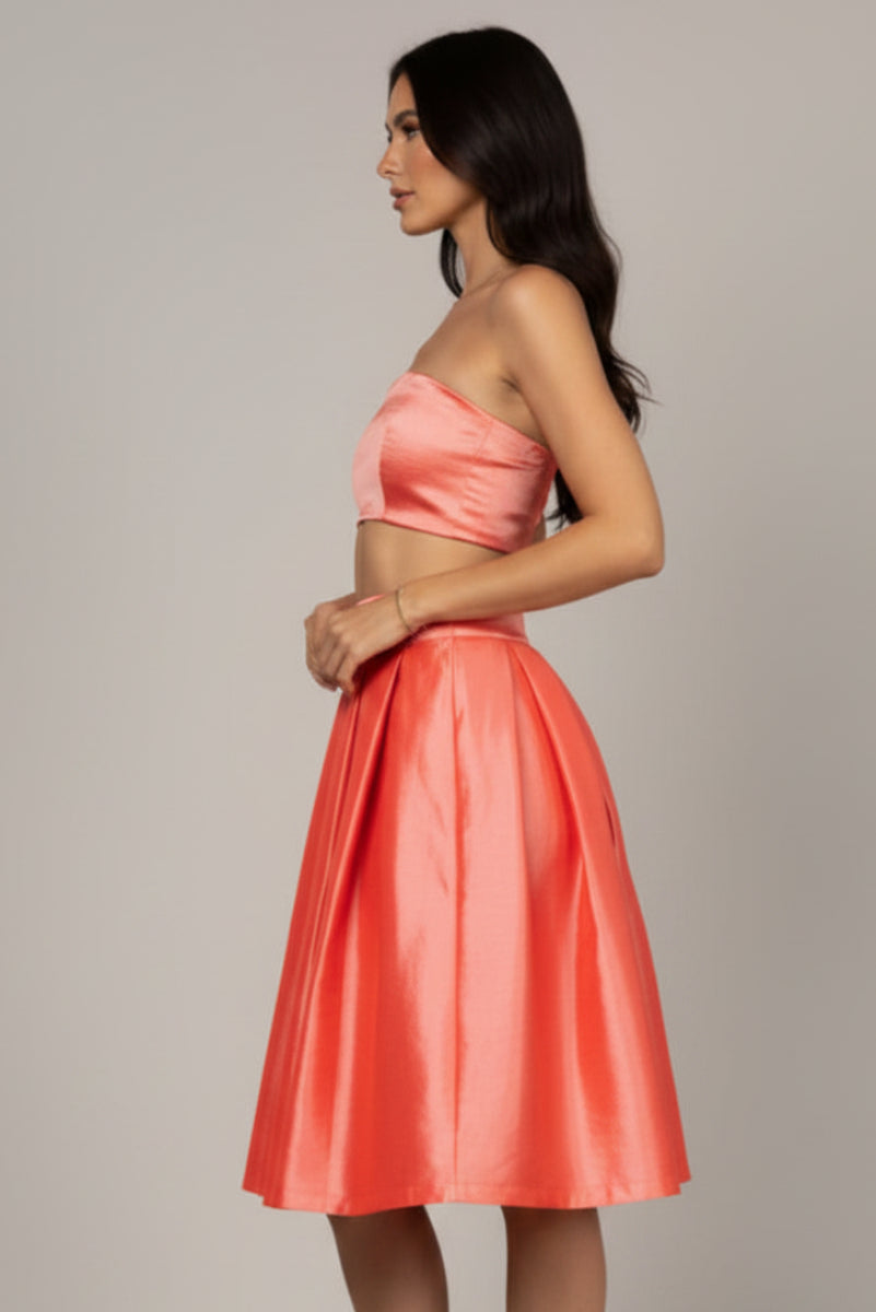 CORAL BANDEAU CROP TOP AND MIDI SKIRT SET IST5327-