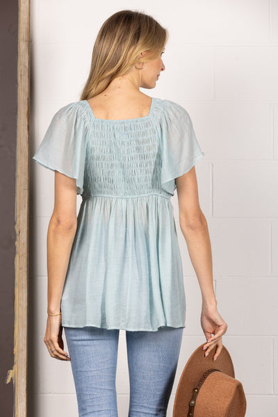 SEAFOAM RUCHED V-NECK BUTTERFLY SHORT SLEEVES TOP SY1270