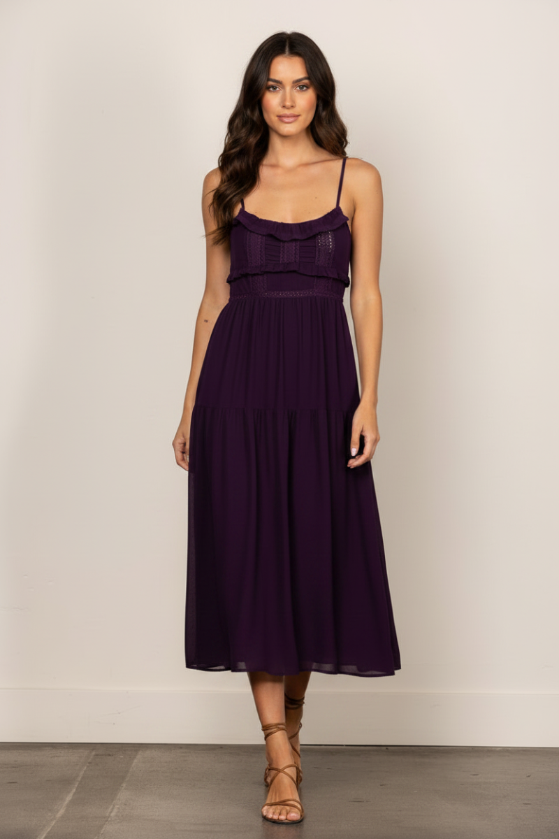 PURPLE CHIFFON SELF-TIE STRAP LACE DETAILED MIDI DRESS ILD0192-