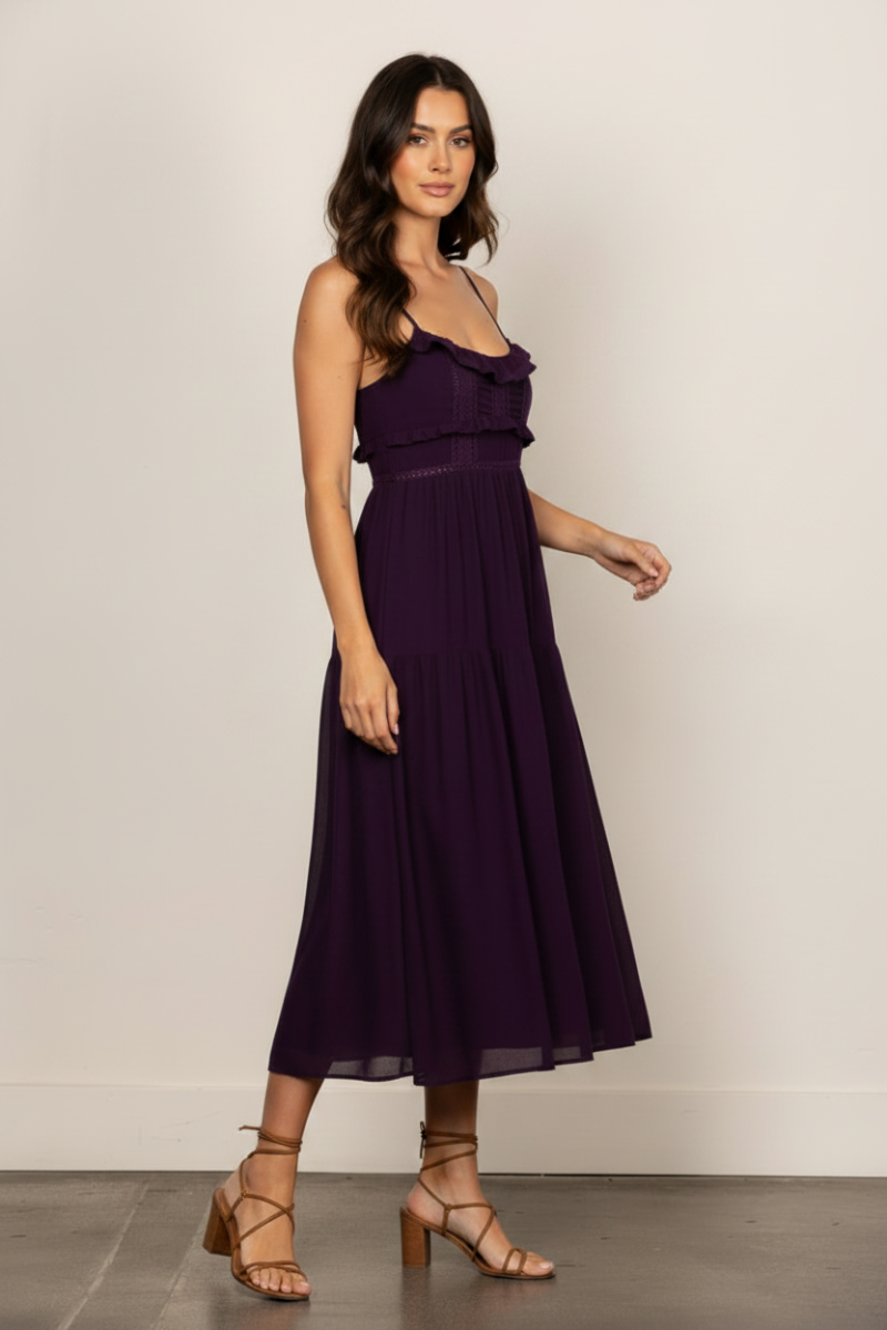 PURPLE CHIFFON SELF-TIE STRAP LACE DETAILED MIDI DRESS ILD0192-