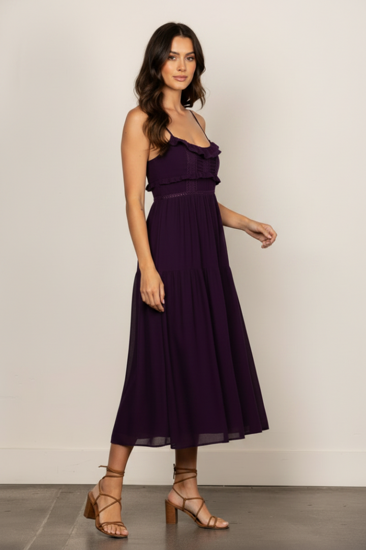 PURPLE CHIFFON SELF-TIE STRAP LACE DETAILED MIDI DRESS ILD0192-