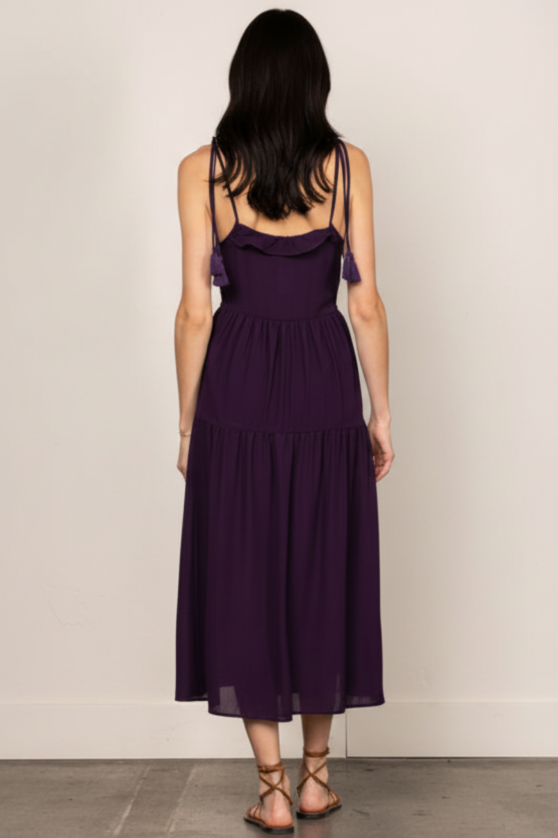 PURPLE CHIFFON SELF-TIE STRAP LACE DETAILED MIDI DRESS ILD0192-