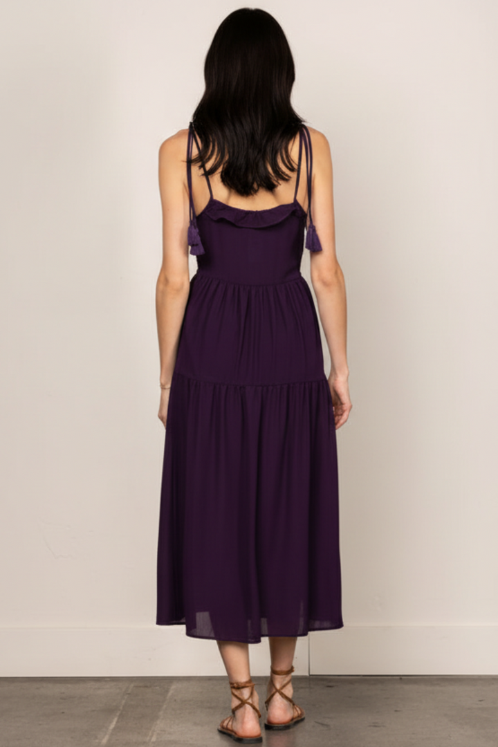 PURPLE CHIFFON SELF-TIE STRAP LACE DETAILED MIDI DRESS ILD0192-
