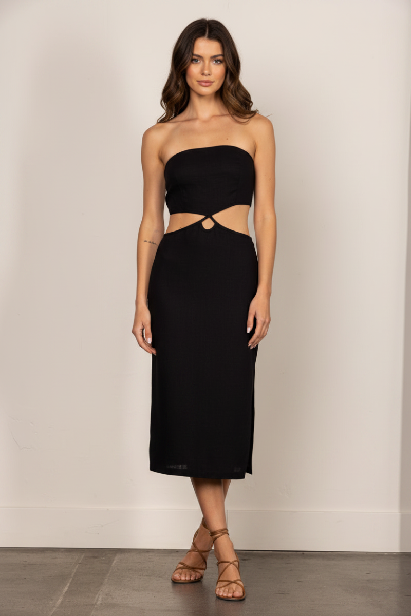 BLACK LINEN TUBE CUT-OUT WAIST PENCIL MIDI DRESS D3110