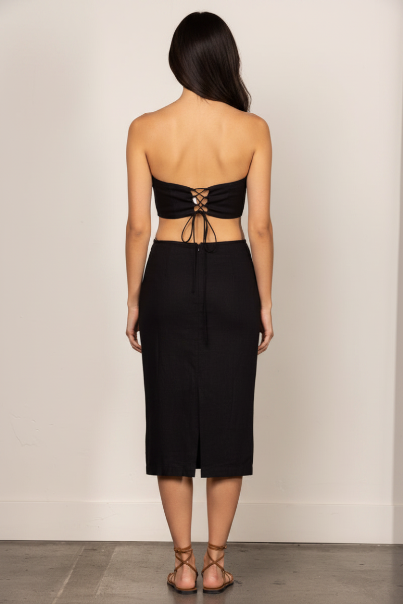 BLACK LINEN TUBE CUT-OUT WAIST PENCIL MIDI DRESS D3110