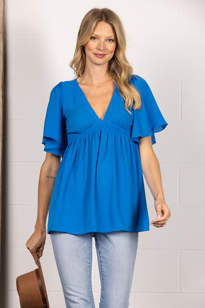 SY2376-Wholesale BLUE CHIFFON DEEP V-NECK BUTTERFLY SHORT SLEEVES TOP