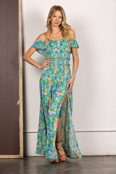 GREEN TIERED RUFFLE STRAP SIDE SLIT A-LINE MAXI DRESS BCCD23489