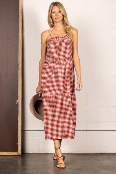D8403-Wholesale RED CHECKERED SELF-TIE DRAWSTRING BACK MIDI DRERSS