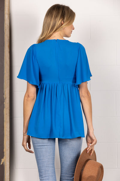 BLUE CHIFFON DEEP V-NECK BUTTERFLY SHORT SLEEVES TOP SY2376