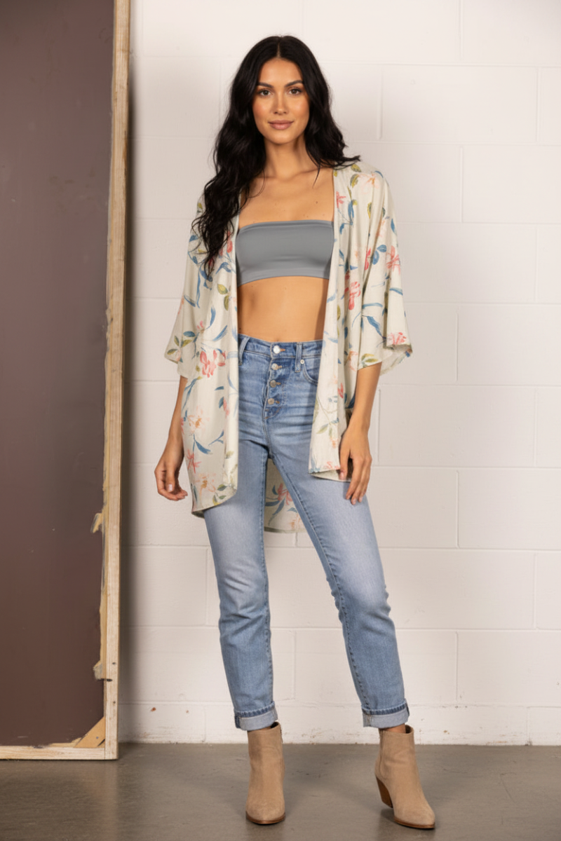 SAGE FLORAL PRINT OPEN FRONT KIMONO SJ1064 *