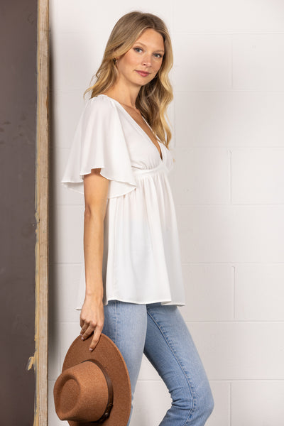 OFFWHITE CHIFFON DEEP V-NECK BUTTERFLY SHORT SLEEVES TOP SY2376