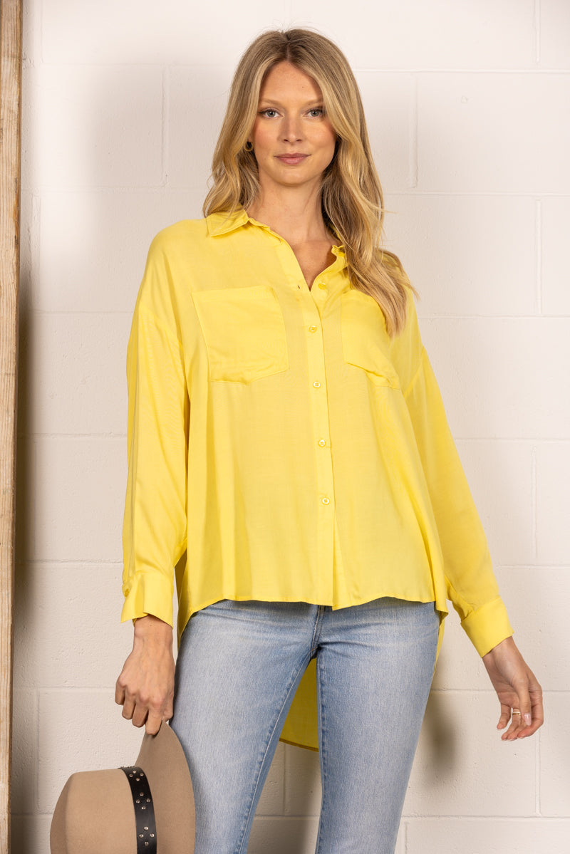 B51818W-Wholesale YELLOW BUTTON UP LIGHTWEIGHT COLLARED BLOUSE TOP