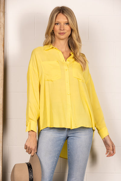 B51818W-Wholesale YELLOW BUTTON UP LIGHTWEIGHT COLLARED BLOUSE TOP