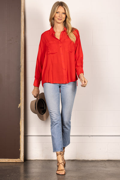 RED BUTTON UP LIGHTWEIGHT COLLARED BLOUSE TOP B51818W
