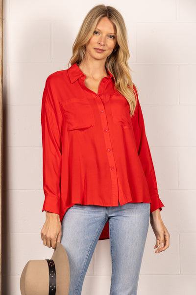 B51818W-Wholesale RED BUTTON UP LIGHTWEIGHT COLLARED BLOUSE TOP