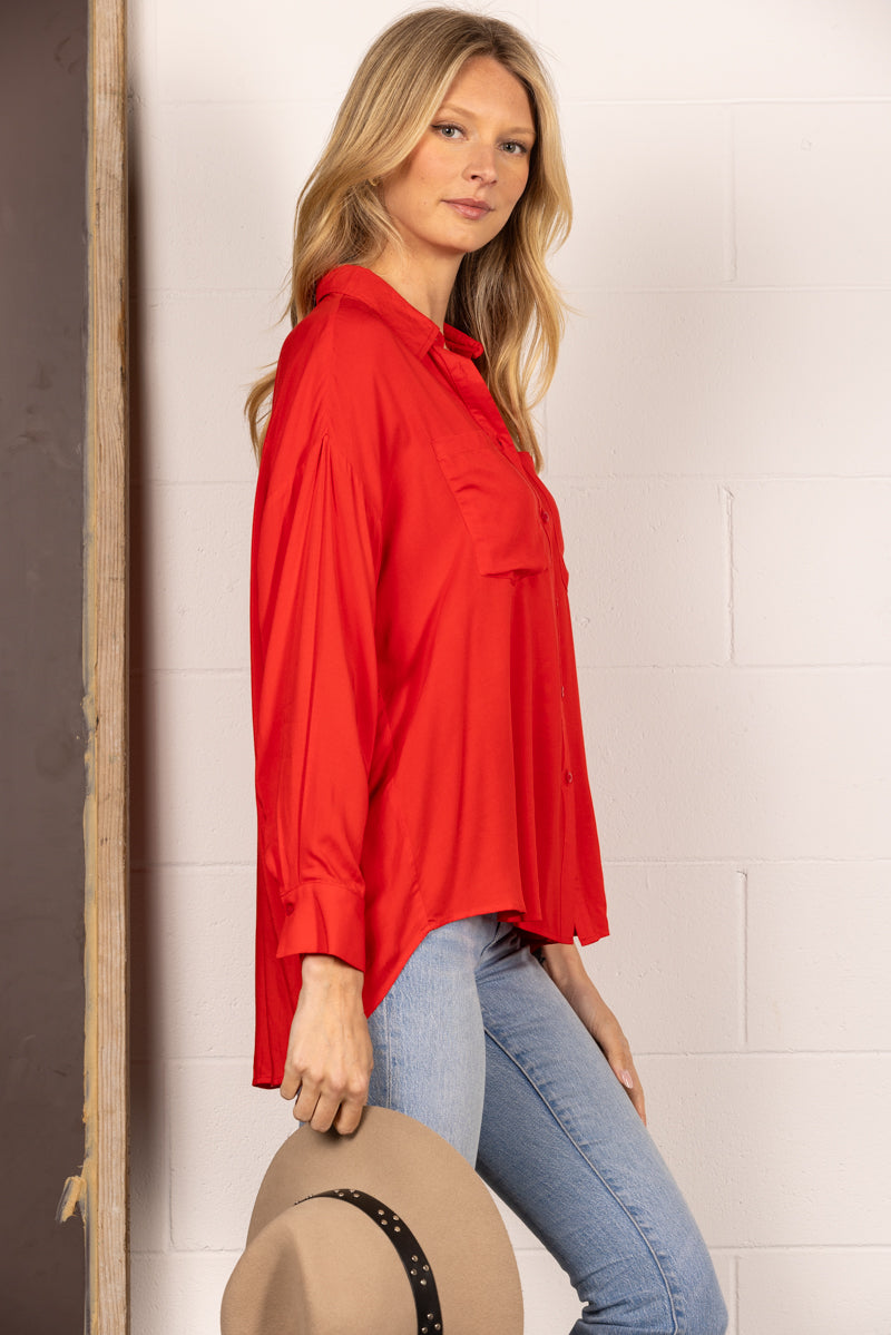 RED BUTTON UP LIGHTWEIGHT COLLARED BLOUSE TOP B51818W