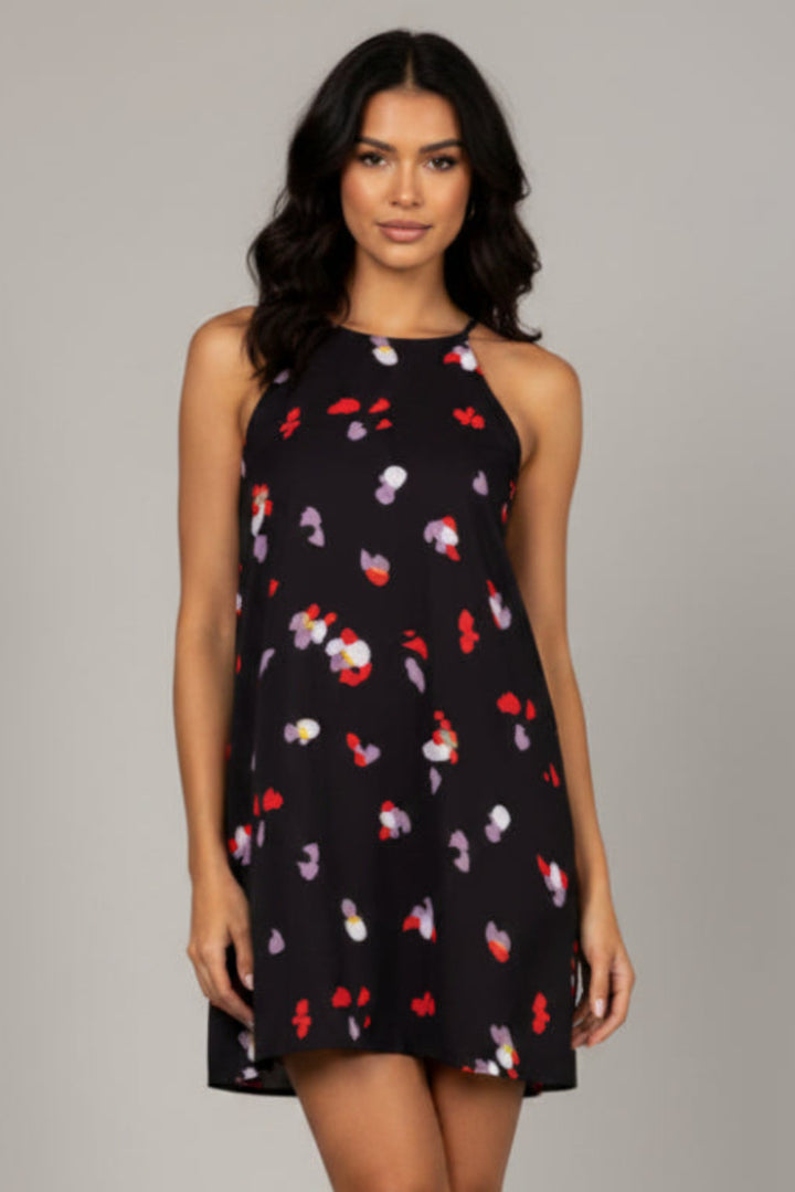 BLACK PETALS HALTER NECK MINI DRESS D5042