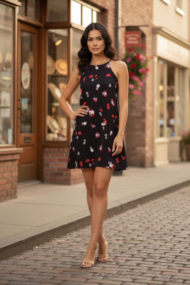 BLACK PETALS HALTER NECK MINI DRESS D5042