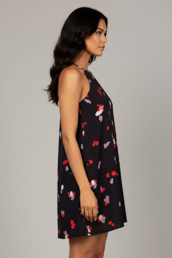 BLACK PETALS HALTER NECK MINI DRESS D5042