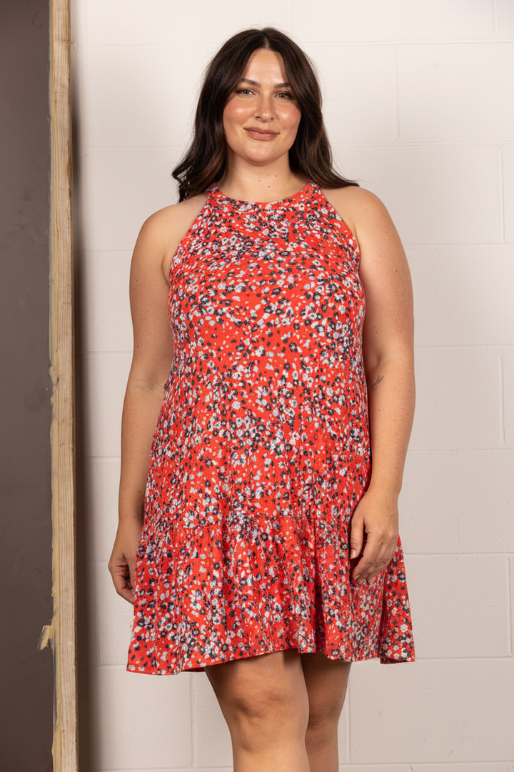 RED HALTER NECK RUFFLED HEM PLUS SIZE MINI DRESS VC5653