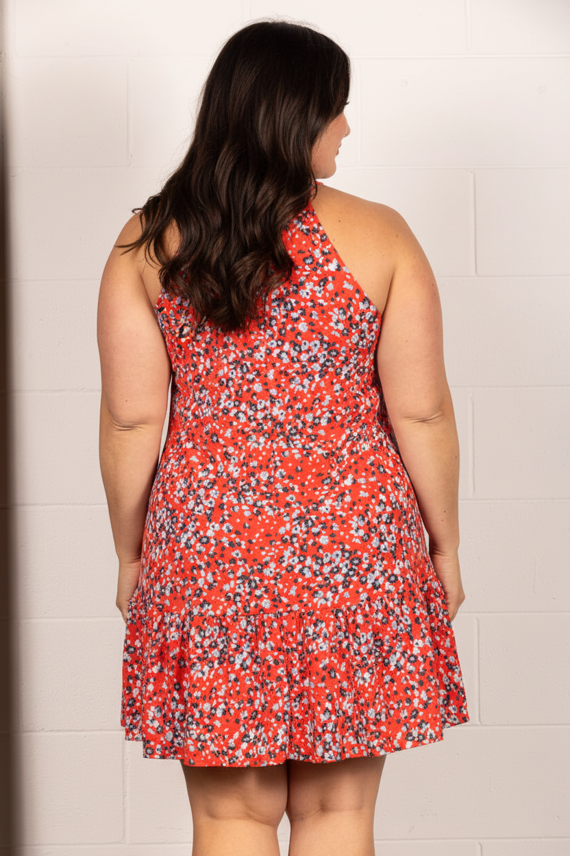 RED HALTER NECK RUFFLED HEM PLUS SIZE MINI DRESS VC5653
