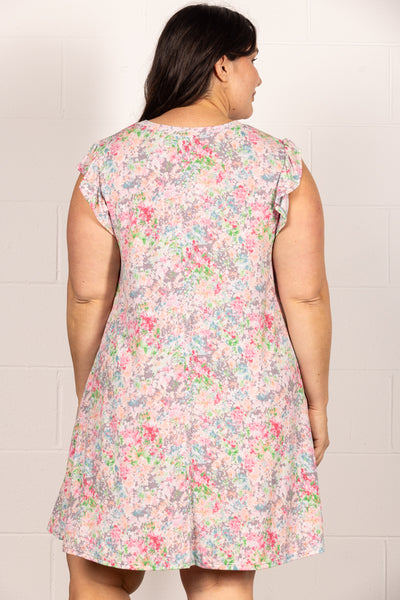 MULTICOLOR FLORAL RUFFLED SHORT SLEEVES PLUS SIZE MIDI DRESS VC5742X