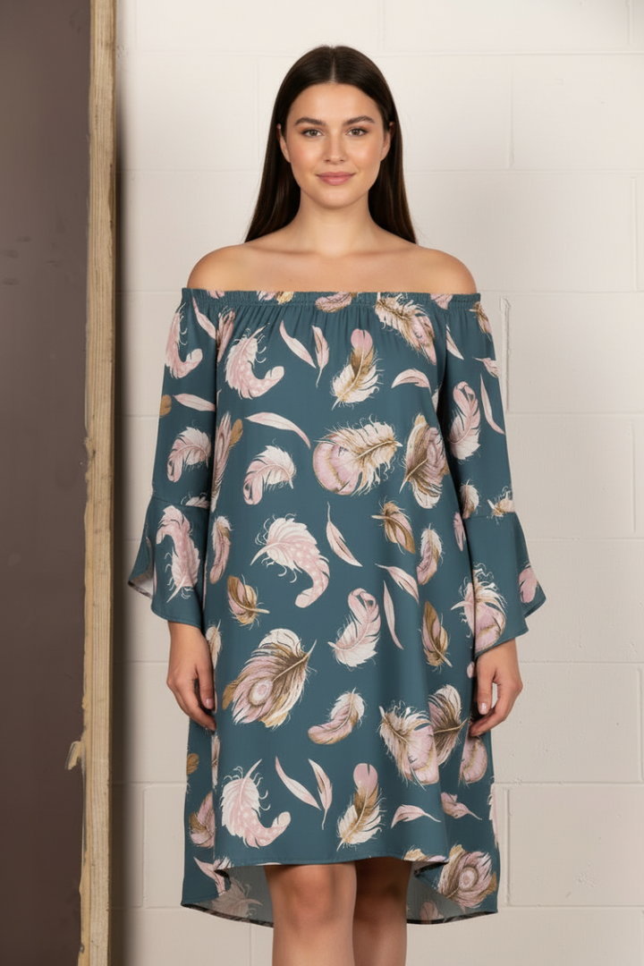 TEAL FEATHER PRINT OFF SHOULDER PLUS SIZE MINI DRESS D1207